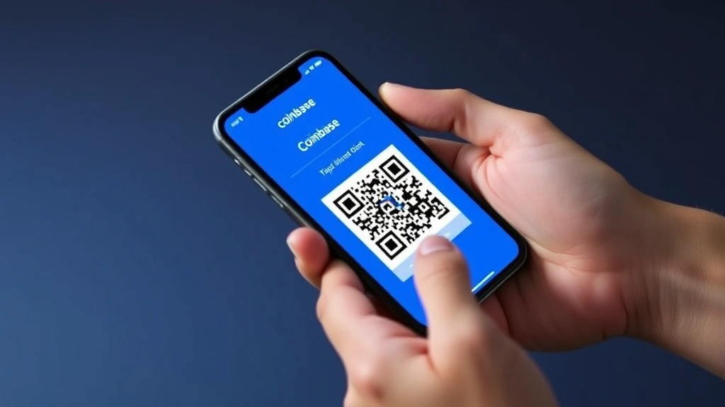 Hands holding a smartphone displaying a Coinbase wallet interface with a Bitcoin QR code clearly visible on the screen, modern minimalist design