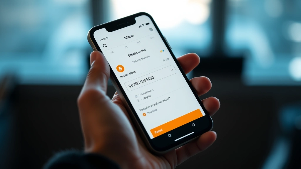 Person holding smartphone displaying Bitcoin wallet interface with receiving address visible, soft lighting, modern fintech aesthetic, no readable text on screen