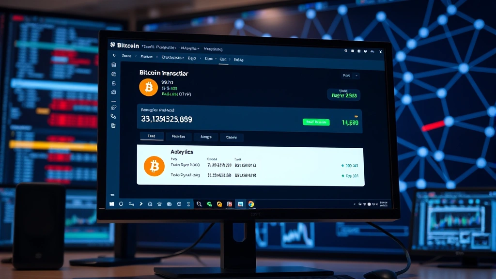 Photorealistic image of a computer monitor showing a blockchain explorer interface with a Bitcoin transaction confirmation, displaying multiple address inputs and outputs, network visualization in the background, professional trading setup environment