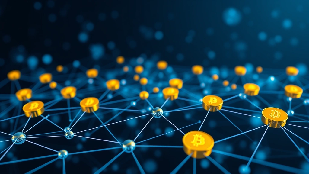 Wide shot of a blockchain network visualization with interconnected nodes and Bitcoin symbols, representing the distributed Bitcoin network infrastructure