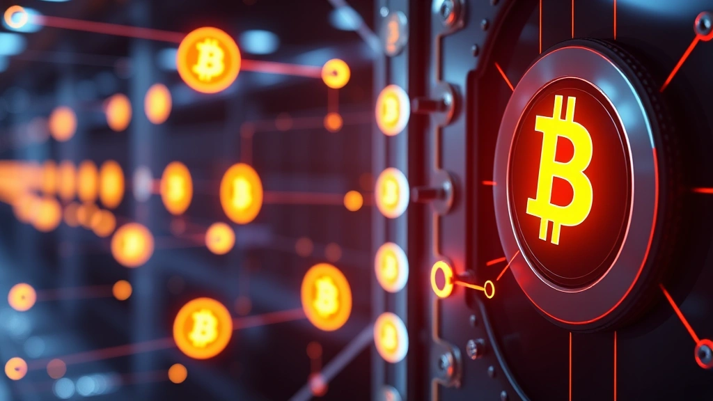Secure vault or blockchain network visualization with glowing Bitcoin symbols connected by digital lines, representing secure address storage and cryptocurrency network infrastructure, cybersecurity theme