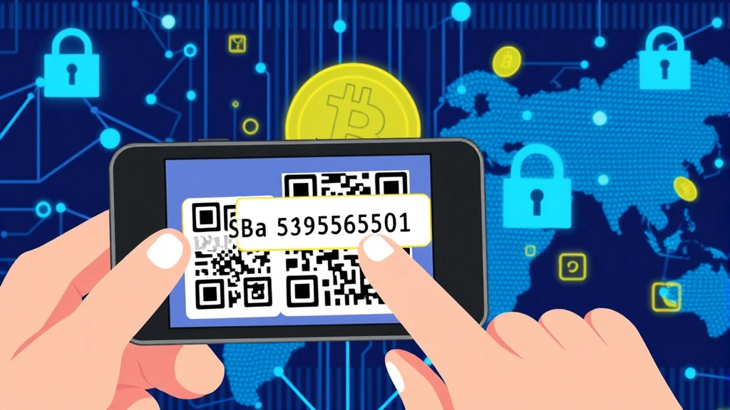 Illustration of a Bitcoin address being scanned with a QR code reader on a mobile device, showing digital security elements and blockchain network visualization in background