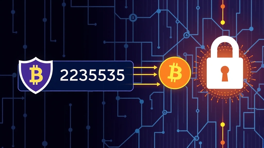 Illustration of a secure Bitcoin transaction concept showing a digital address being transmitted with shield and lock icons, blockchain network visualization in background, security-focused imagery