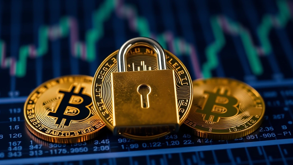 Padlock icon over Bitcoin coin with blockchain ledger in background, representing cryptocurrency security and wallet protection, photorealistic