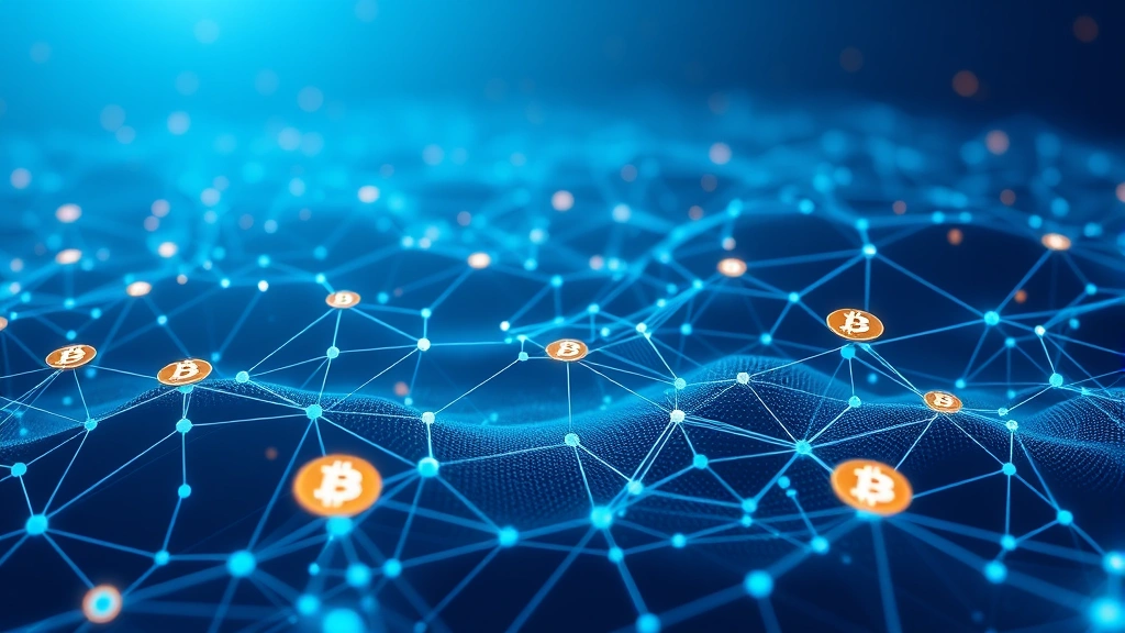 Abstract visualization of blockchain technology with interconnected nodes and Bitcoin symbols flowing through a digital network landscape in cool blue tones