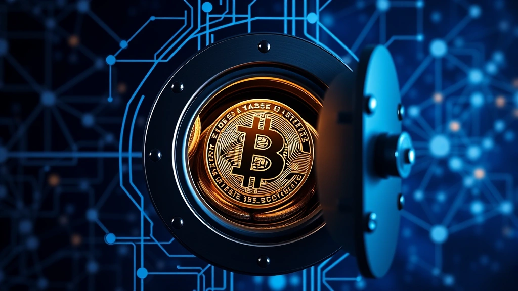 Secure digital vault with Bitcoin coins inside, cybersecurity padlock imagery, blockchain technology background with interconnected nodes, professional financial security concept