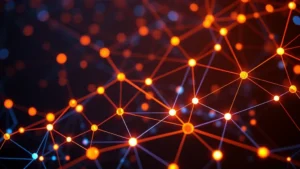 Digital visualization of Bitcoin blockchain network nodes connected together with glowing orange and blue lines representing data flow and transactions propagating across a decentralized network