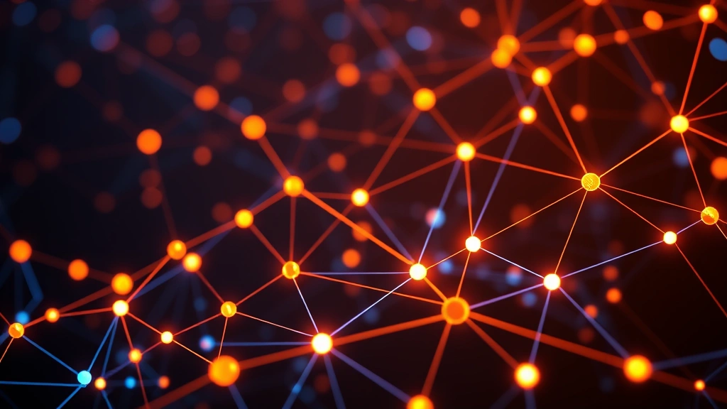 Digital visualization of Bitcoin blockchain network nodes connected together with glowing orange and blue lines representing data flow and transactions propagating across a decentralized network