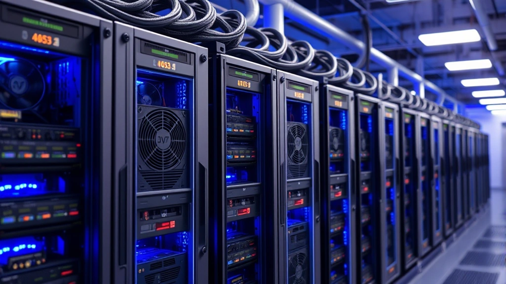 Cryptocurrency mining operation showing rows of specialized ASIC mining computers with cooling systems, blue LED lights illuminating the equipment in a professional data center environment
