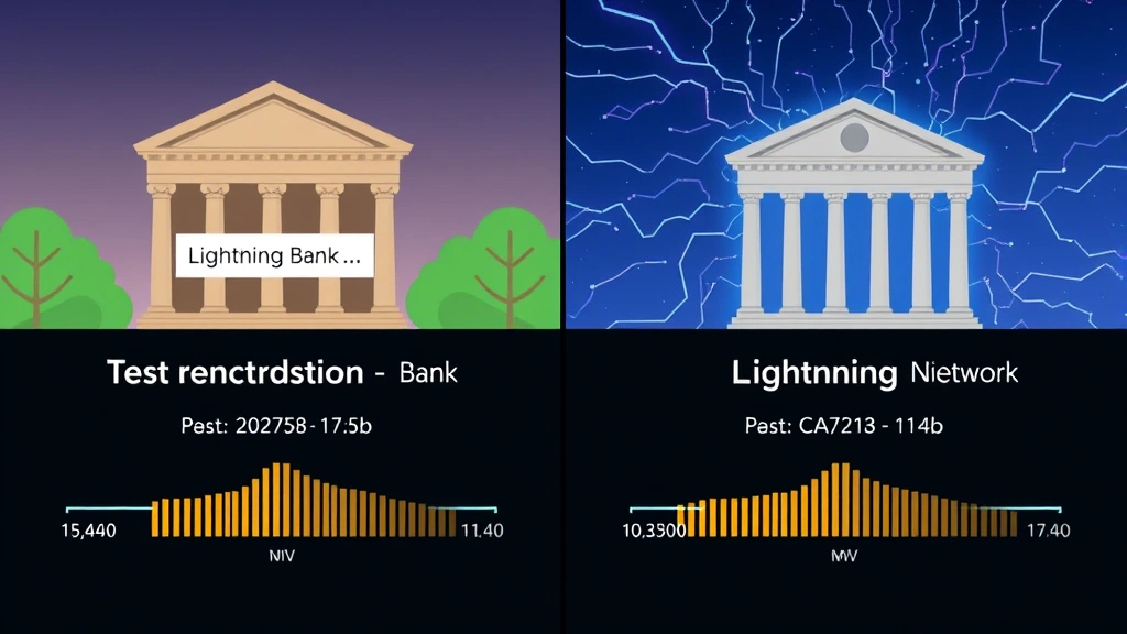 Split-screen comparison showing traditional bank transaction versus Lightning Network payment, with visual timeline indicators demonstrating speed differences between blockchain and layer-2 solutions