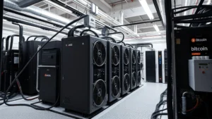 Modern ASIC bitcoin mining hardware setup with multiple professional-grade miners in a climate-controlled facility, showing cooling systems and power distribution equipment, photorealistic industrial mining operation