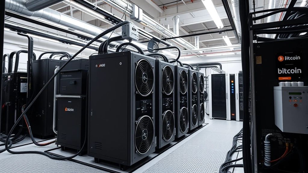 Modern ASIC bitcoin mining hardware setup with multiple professional-grade miners in a climate-controlled facility, showing cooling systems and power distribution equipment, photorealistic industrial mining operation