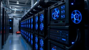 Photorealistic ASIC Bitcoin miner hardware (Antminer S19 Pro) glowing with blue LED lights in a professional mining facility, industrial cooling systems in background, rows of miners stacked on metal racks, no text or charts visible