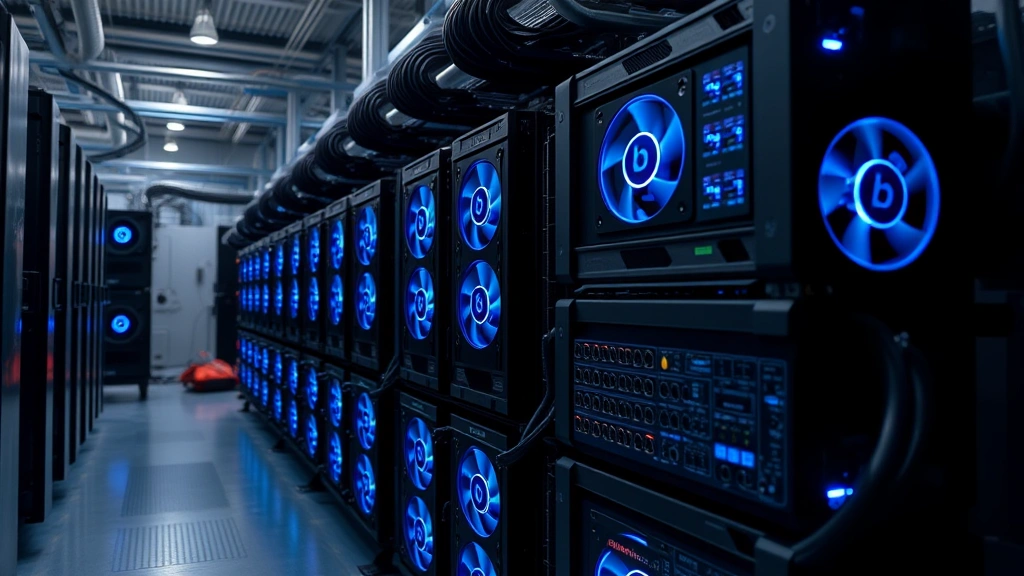 Photorealistic ASIC Bitcoin miner hardware (Antminer S19 Pro) glowing with blue LED lights in a professional mining facility, industrial cooling systems in background, rows of miners stacked on metal racks, no text or charts visible