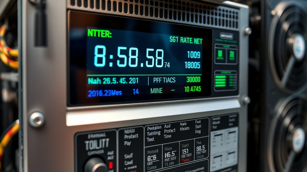 Close-up of a high-performance ASIC miner displaying real-time hash rate and mining statistics on its interface, showing technical specifications and operational status in professional mining environment