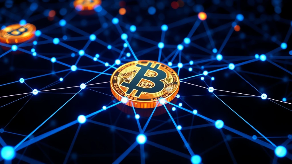 Photorealistic 3D visualization of Bitcoin blockchain network nodes connected together with glowing blue light trails, representing distributed mining pools and network difficulty, abstract cryptocurrency technology concept