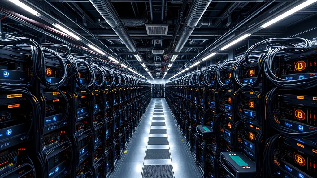 Large-scale bitcoin mining farm with hundreds of mining rigs arranged in rows with industrial ventilation systems, LED lighting, and network infrastructure visible, demonstrating enterprise-level mining operation