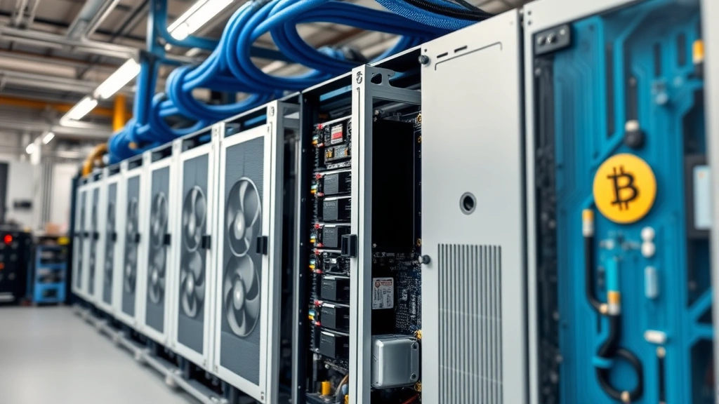 Professional ASIC bitcoin mining hardware setup in industrial facility with cooling systems, blue circuit board details, cryptocurrency technology aesthetic, no text visible