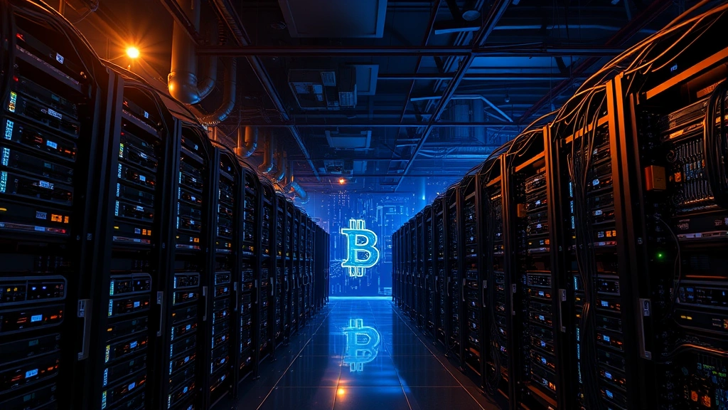 Large-scale mining farm with rows of specialized mining computers, dramatic lighting emphasizing computational power, blockchain network visualization in background, photorealistic