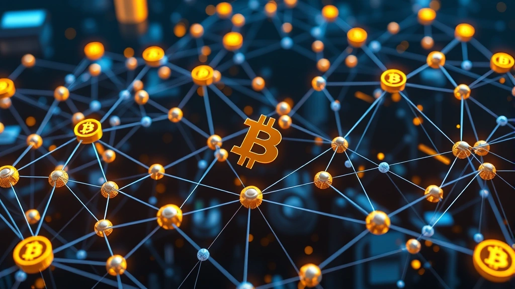 Bitcoin blockchain network visualization with interconnected nodes, digital currency symbols, futuristic tech environment, mining operation concept, no charts or tickers