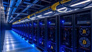 Bitcoin mining facility with rows of ASIC miners illuminated by blue LED lights, showcasing industrial-scale cryptocurrency mining operation with cables and cooling systems