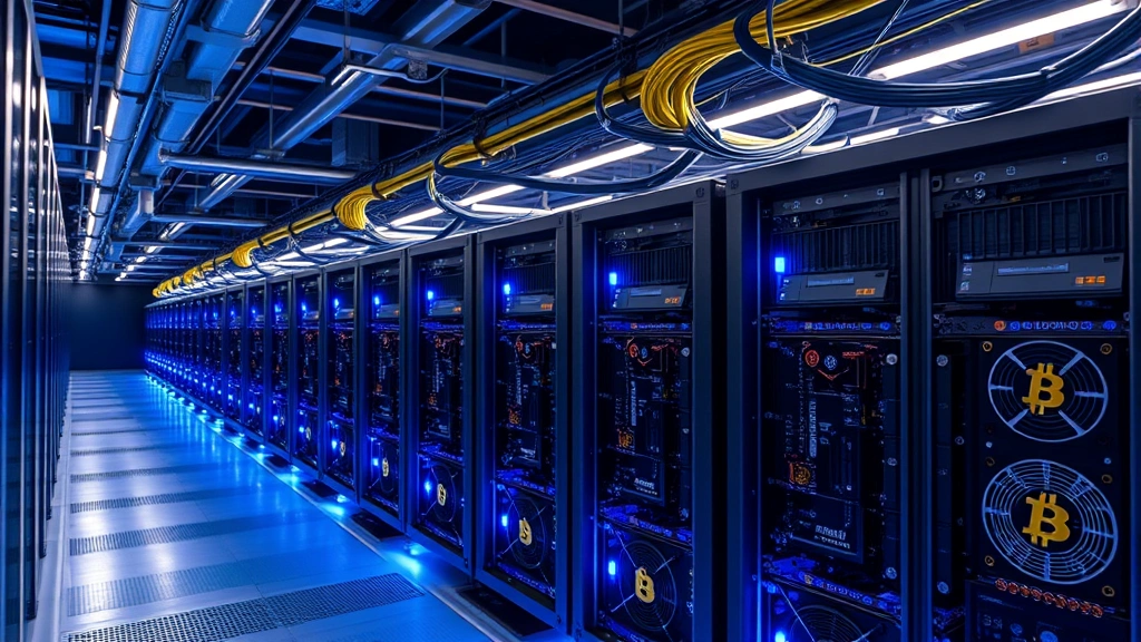 Bitcoin mining facility with rows of ASIC miners illuminated by blue LED lights, showcasing industrial-scale cryptocurrency mining operation with cables and cooling systems