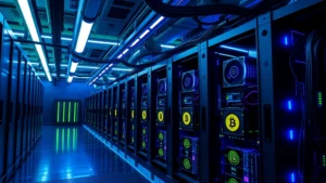 Futuristic Bitcoin mining facility with rows of ASIC mining rigs under cool blue and green lighting, showing circuit boards and cooling systems in a professional data center environment
