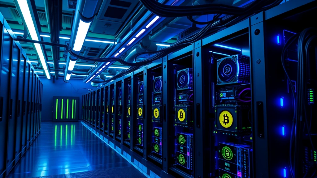 Futuristic Bitcoin mining facility with rows of ASIC mining rigs under cool blue and green lighting, showing circuit boards and cooling systems in a professional data center environment