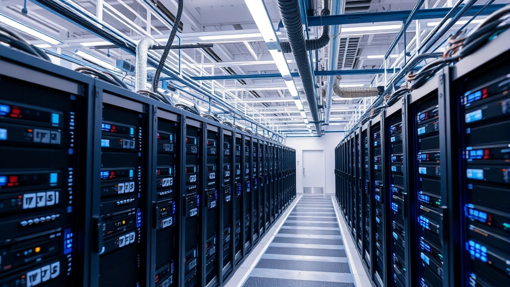 Bitcoin mining operation with rows of specialized ASIC hardware in a modern industrial facility with blue lighting and cooling systems, photorealistic, showing the scale of contemporary mining infrastructure