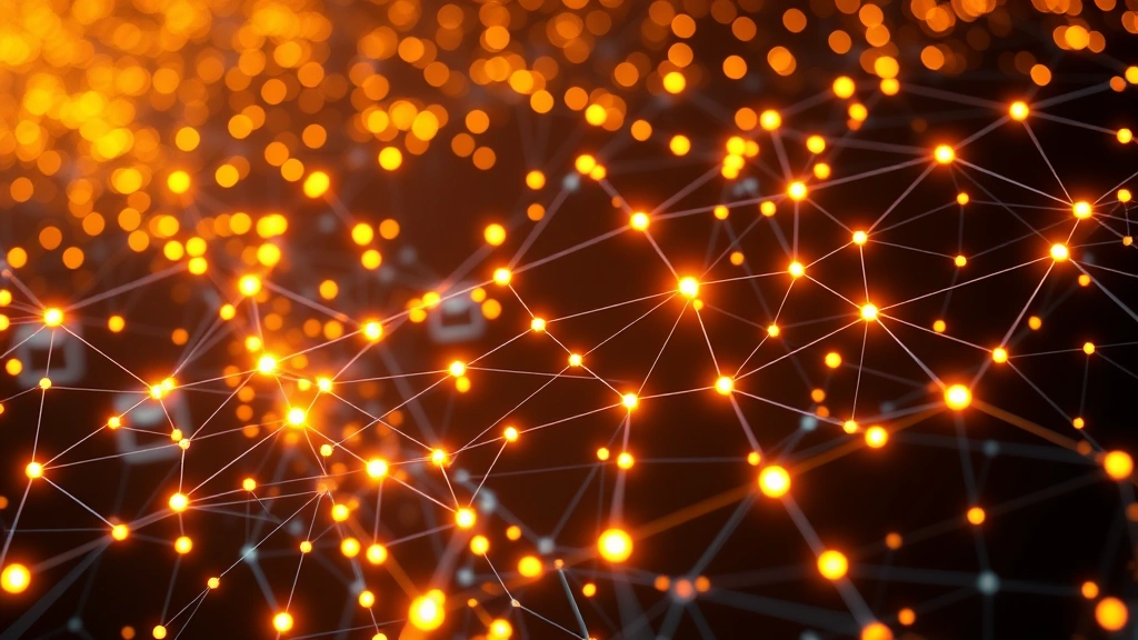 Blockchain network visualization showing Bitcoin's distributed ledger with interconnected nodes and glowing transaction data flowing across the network, representing the mining and validation process