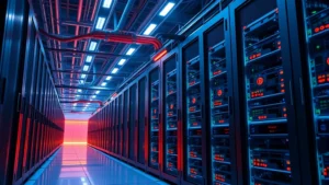 Photorealistic image of Bitcoin mining hardware and servers in a modern data center with blue and orange lighting, showing rows of ASIC mining equipment with visible heat dissipation systems