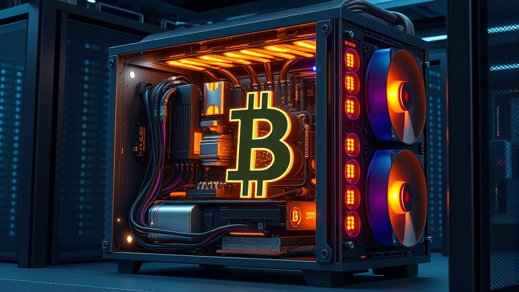 A detailed cross-section illustration of a Bitcoin mining rig with glowing components and cooling systems, photorealistic style, showing the technological complexity of cryptocurrency mining hardware in a professional data center environment