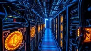 Intricate Bitcoin mining operation with multiple ASIC miners running simultaneously, glowing circuit boards and cooling systems, professional data center environment with blue lighting and organized cable management, showcasing industrial-scale cryptocurrency mining infrastructure