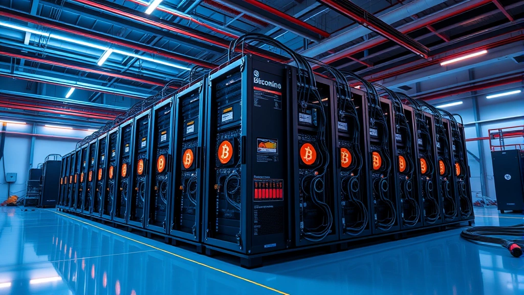 Digital visualization of Bitcoin mining operation with ASIC hardware in a modern facility, blue and orange lighting, cables and cooling systems visible, photorealistic warehouse setting