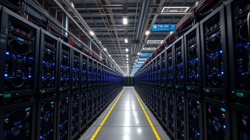 Photorealistic Bitcoin mining operation with rows of specialized ASIC mining hardware in a large industrial warehouse facility with blue LED lights and cooling systems