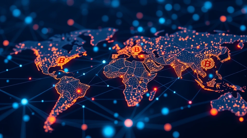 Photorealistic visualization of Bitcoin blockchain network nodes connected together, showing digital nodes transmitting data across a global network with glowing connections and abstract cryptocurrency elements