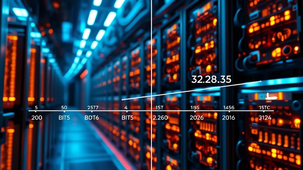A split-screen visual representation showing the Bitcoin halving timeline with decreasing block rewards (50 BTC to 3.125 BTC), photorealistic cryptocurrency mining facility in background with blue and orange ambient lighting, displaying the mathematical progression of supply reduction