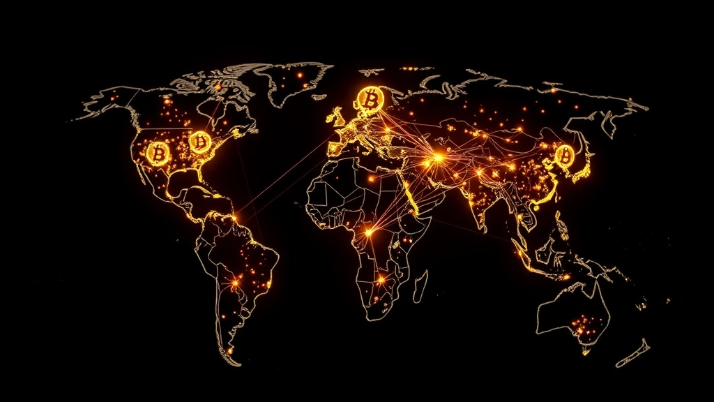 Blockchain network nodes connected in a globe visualization, representing distributed Bitcoin mining worldwide, glowing nodes connected by light trails, dark background with geographic markers