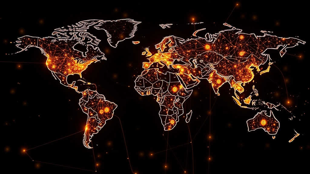 Digital visualization of Bitcoin network nodes distributed globally across a world map with glowing connections and blockchain data streams, representing decentralized mining