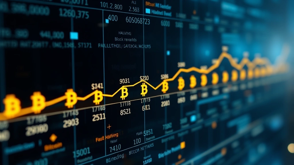 Photorealistic image of a digital ledger or timeline showing Bitcoin halving events with decreasing block rewards, displayed on a transparent holographic interface with numerical data