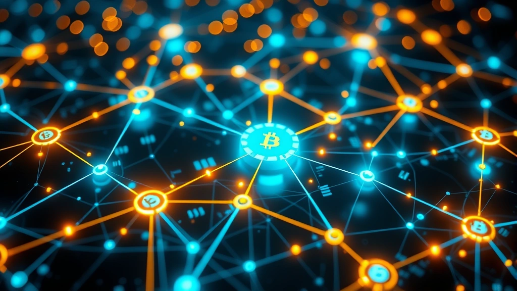 A photorealistic image of a blockchain network visualization with interconnected nodes glowing in cyan and gold, representing the distributed Bitcoin network and mining process, with subtle circuit board patterns and digital elements indicating decentralized consensus mechanism