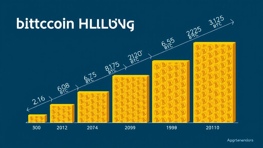 Bitcoin halving timeline graphic illustrated as a descending staircase or pyramid showing decreasing block rewards from 50 BTC to 6.25 BTC to 3.125 BTC, with years marked along the progression, representing supply schedule over time
