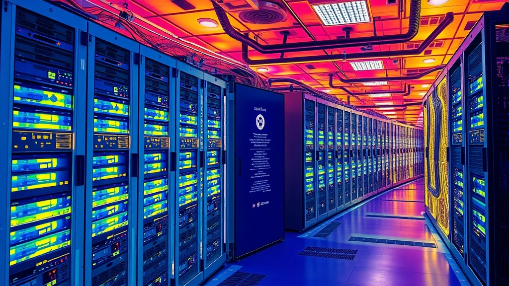 Cryptocurrency mining farm with multiple rows of powerful computer equipment, thermal imaging style showing heat distribution, industrial cooling systems, professional mining facility aesthetic