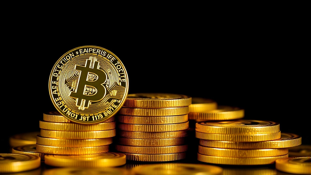 Close-up of Bitcoin cryptocurrency coins stacked in descending quantities representing supply depletion over time, with warm metallic lighting against dark background