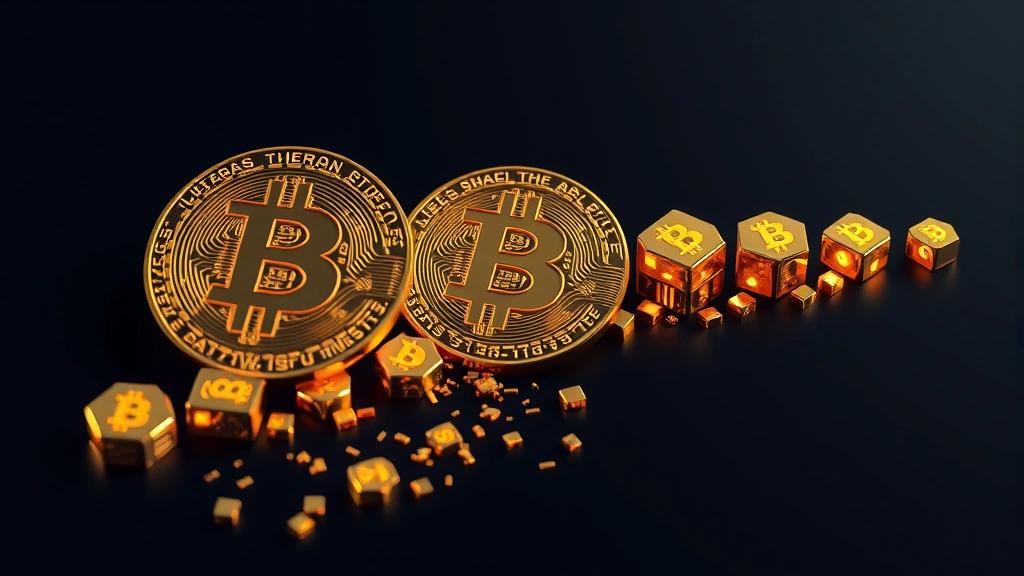 Digital visualization of Bitcoin breaking into satoshi pieces, showing hierarchical subdivision from whole Bitcoin down to smallest satoshi unit, photorealistic 3D representation with glowing cryptocurrency elements, no text or numbers visible