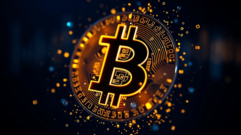 Close-up of a digital Bitcoin symbol with glowing particles and satoshi denomination units floating around it, representing fractional breakdown and divisibility, photorealistic lighting against dark blue background