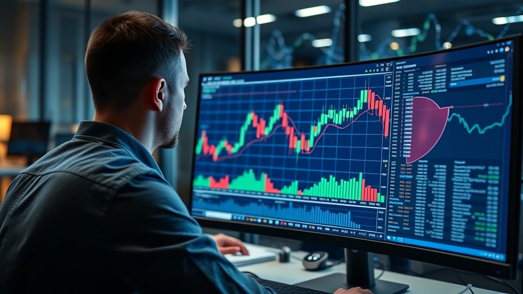 Cryptocurrency trader analyzing Bitcoin chart on computer monitor with satoshi-denominated data streams flowing across screen, professional trading environment with blockchain network visualization in background, photorealistic modern office setting