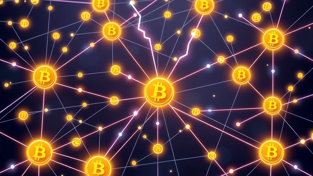 Illustration of a blockchain network with satoshi units flowing through interconnected nodes, showing Lightning Network channels processing multiple small transactions simultaneously, modern tech aesthetic