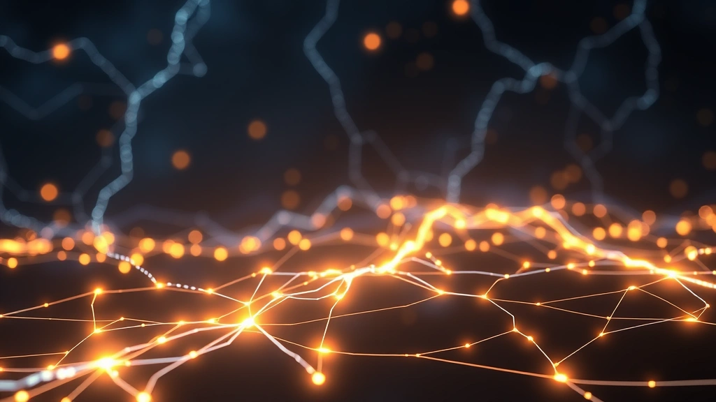 Futuristic Lightning Network payment channels illustrated as glowing pathways connecting cryptocurrency nodes, satoshi transactions flowing through network infrastructure, abstract photorealistic representation of layer-2 Bitcoin scaling, no text overlay