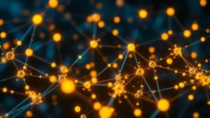 Photorealistic digital visualization of Bitcoin network architecture with satoshi units represented as glowing particles flowing through interconnected nodes, deep blue and golden color scheme, no text